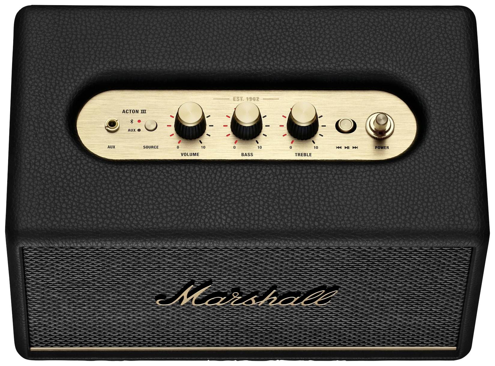 Schwarzer Marshall-Lautsprecher mit goldenen Reglern für Lautstärke, Bass und Treble. Markenlogo vorne auf dem Lautsprechergitter.