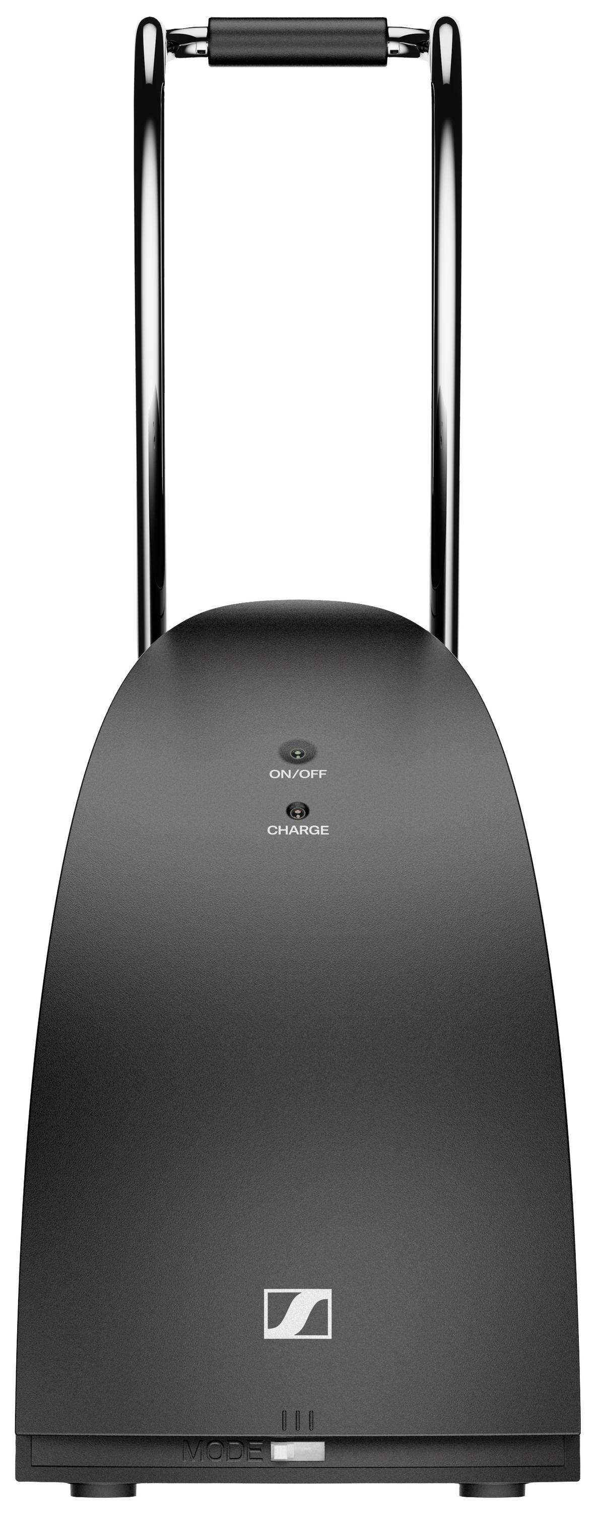Ein schwarzes, zylindrisches Ladegerät mit Markensymbol unten. Oben befinden sich ein Ein/Aus-Schalter und eine Ladeanzeige.