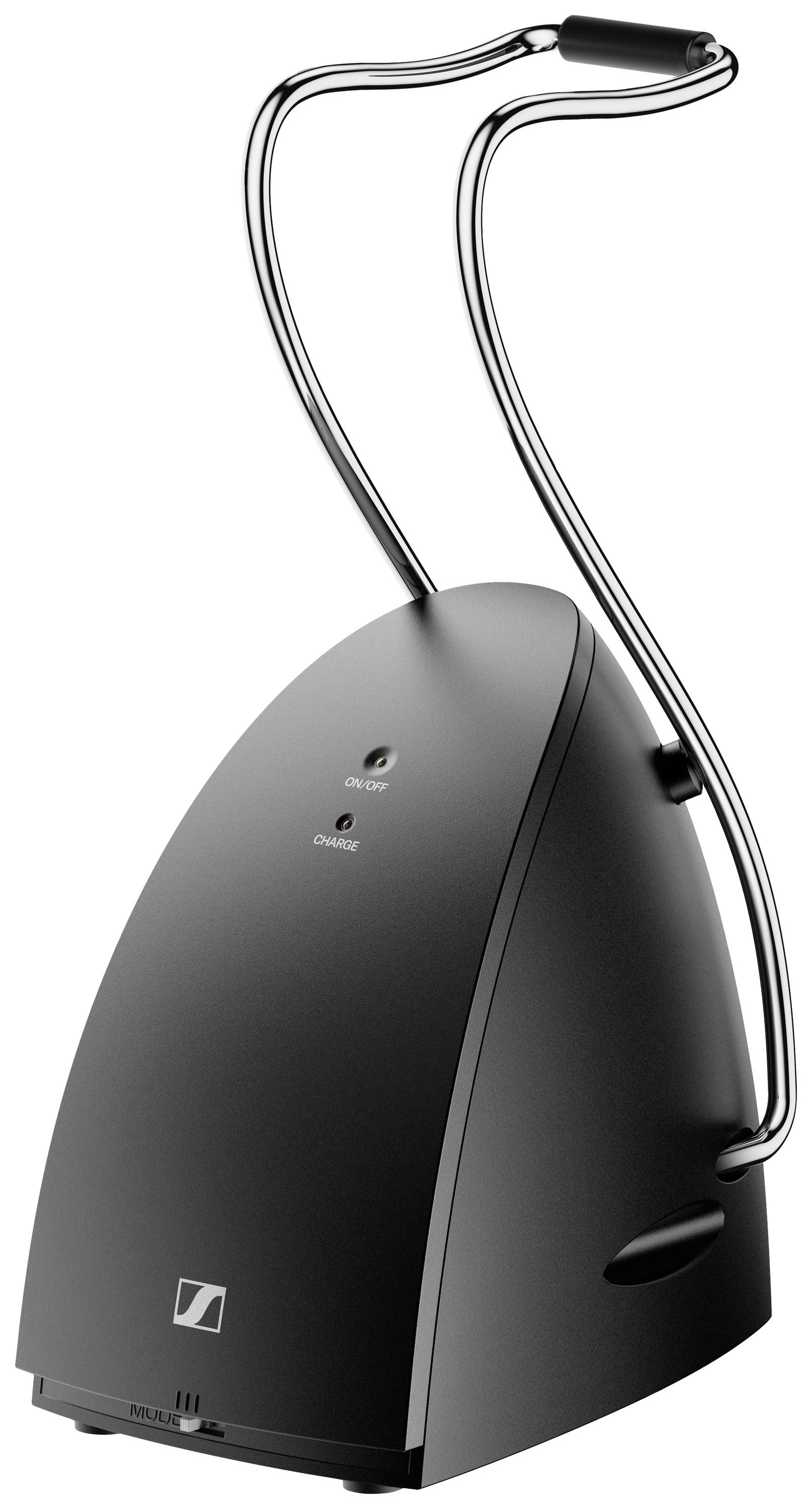 Schwarze Ladestation mit gebogenem Bügel oben, zwei Leuchtanzeigen für Betrieb und Laden auf der Vorderseite. Sennheiser-Logo unten.