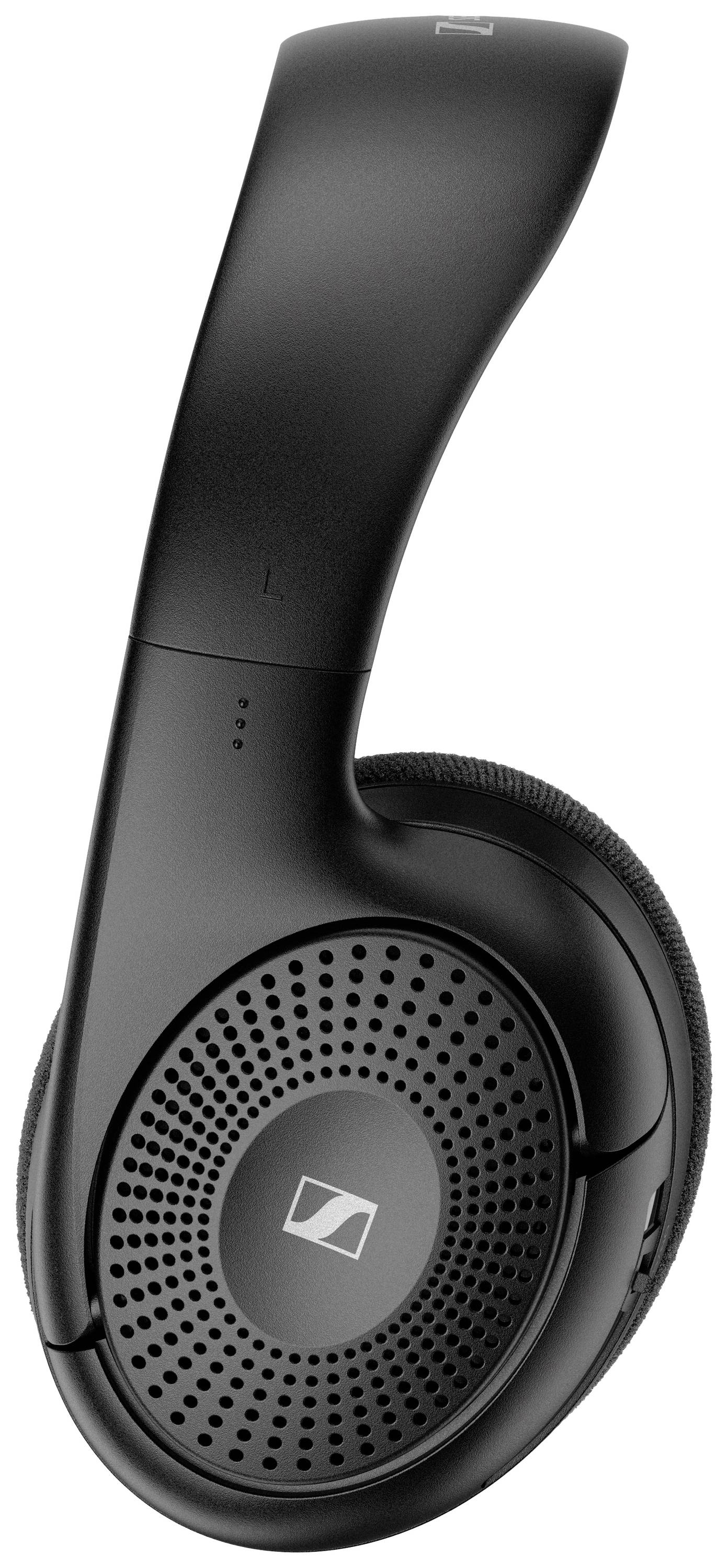 Schwarze Over-Ear-Kopfhörer mit perforierten Ohrmuscheln und gebogenem Bügel.