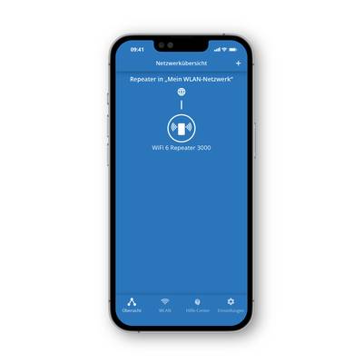 Ein Smartphone zeigt eine Netzwerk-App mit Informationen über einen Repeater im WLAN-Netzwerk, Modell 'WiFi 6 Repeater 3000'.