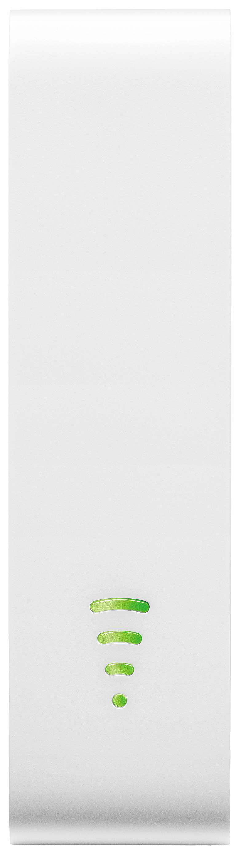 Ein weißer WLAN-Repeater mit grüner Signalstärkenanzeige auf der Vorderseite, zeigt die aktuelle Signalstärke an.