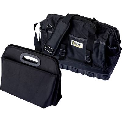 Schwarze Werkzeugtasche mit Tragegriff und Schultergurt, daneben eine zweite kleinere Tasche. Beide sind aus einem robusten Material.