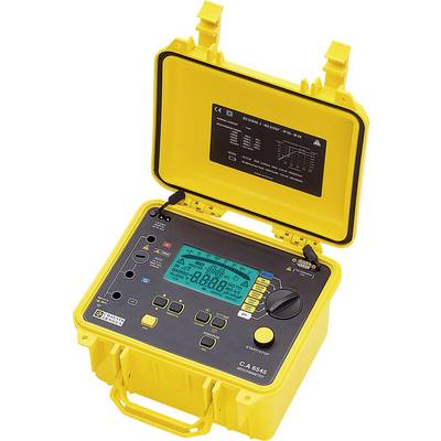 Gelbes elektrisches Messgerät in geöffnetem Zustand mit digitalem Display und verschiedenen Tasten zur Bedienung.