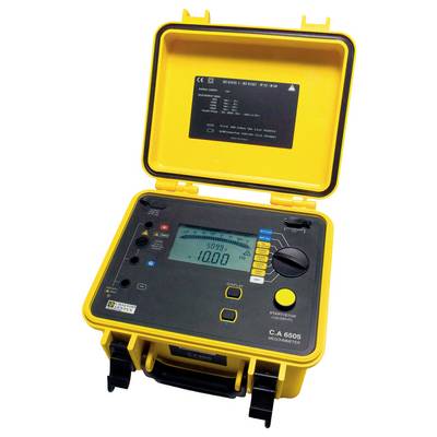 Ein gelbes elektrisches Prüfgerät-Modell C.A 6505 mit offenem Deckel. Der Bildschirm zeigt verschiedene Messwerte und Tasten zur Bedienung.