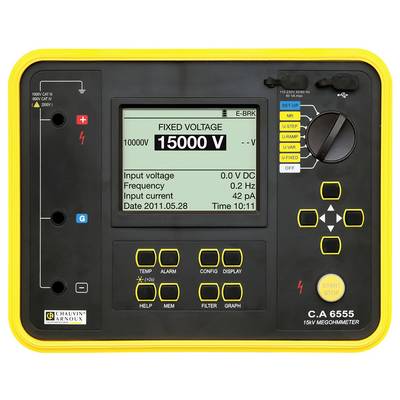 Ein Megohmmeter C.A 6555 mit gelbem Rahmen, zeigt auf dem Bildschirm: 'FIXED VOLTAGE 15000 V'. Tasten und Drehregler zur Steuerung.