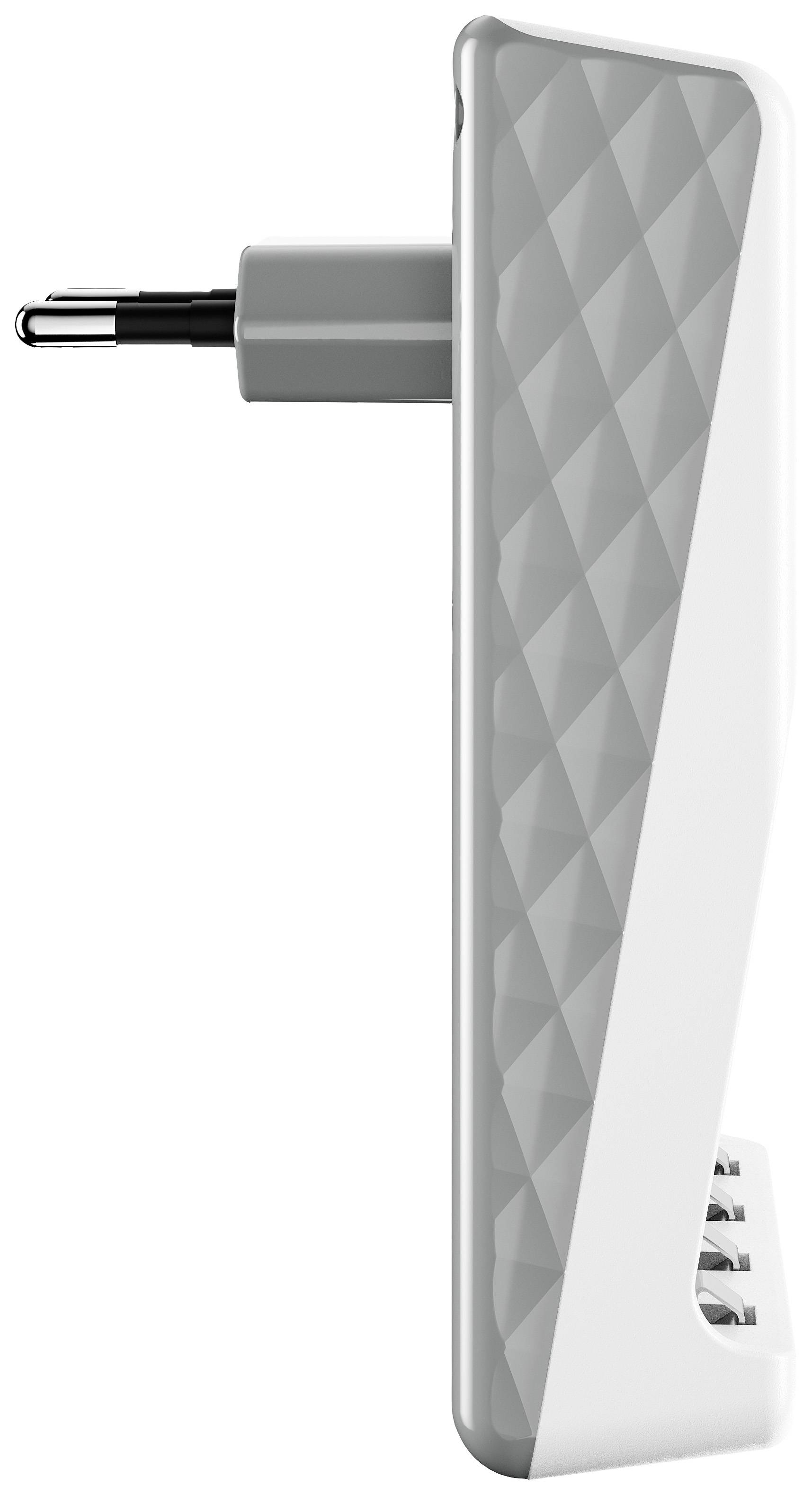 Grauer und weißer Steckdosenadapter mit einem geometrischen Muster, zeigt die Seite mit dem Metallstecker und Kunststoffgehäuse.