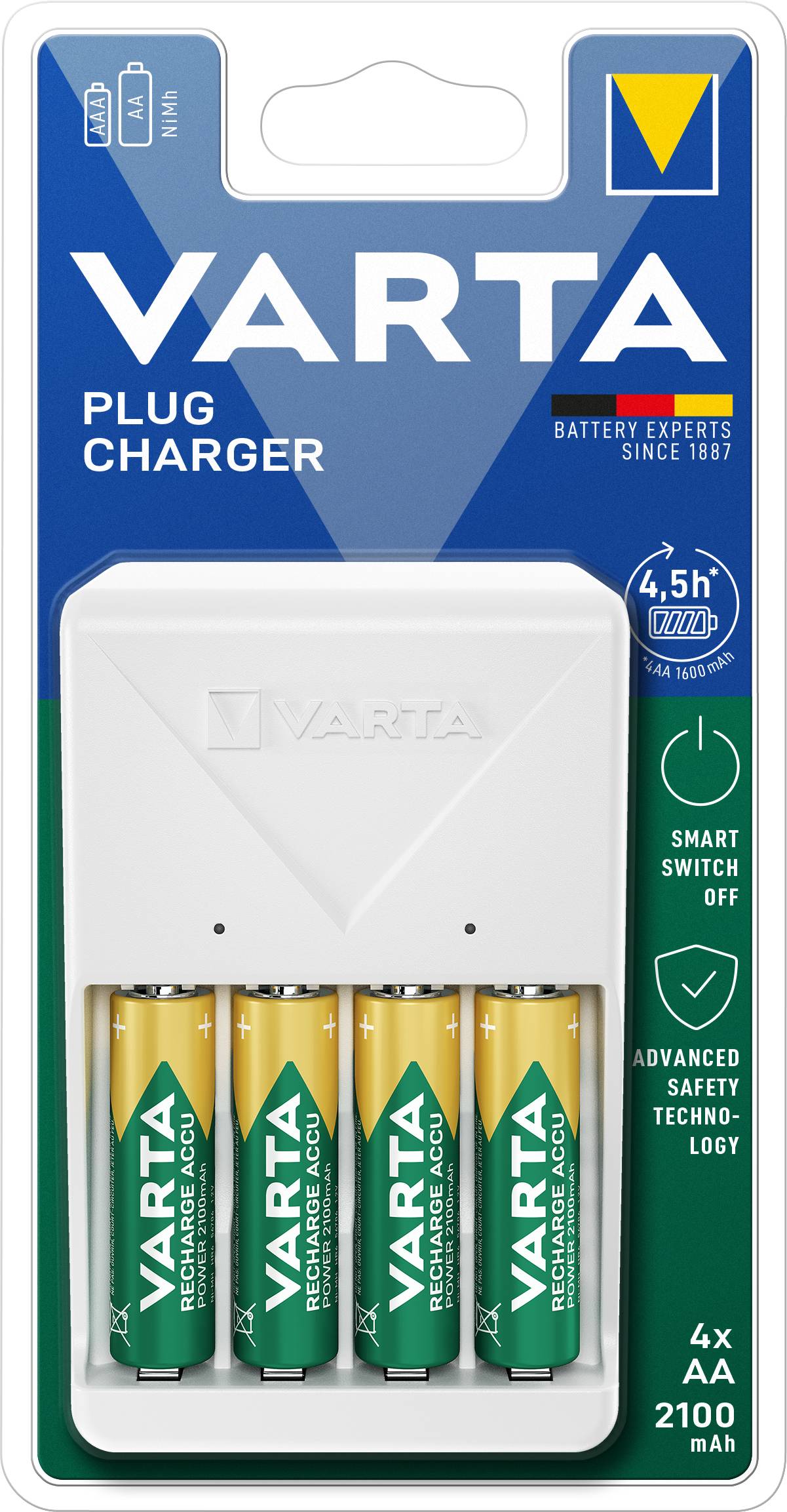 VARTA Ladegerät für AA-Batterien. Enthält vier wiederaufladbare Batterien. Funktionen: Smart Switch Off, Safety Technology.