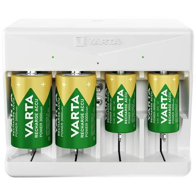 Varta Batterieladegerät, vier grün-gelbe Akkus eingesetzt. Gerät mit LED-Anzeigen für den Ladezustand. Markenname oben sichtbar.