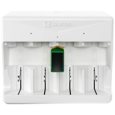 Weißes Varta-Batterieladegerät mit sechs Ladesteckplätzen, grüner LED-Anzeige und Batterien auf Vorderseite dargestellt.