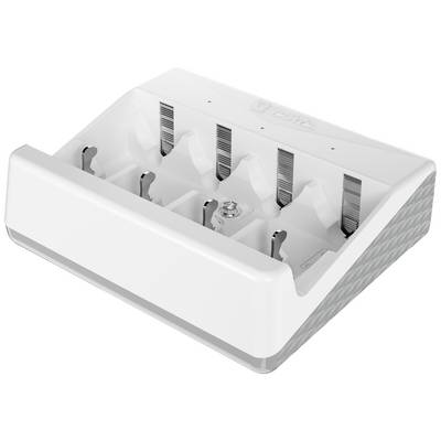 Eine weiße Ladestation mit mehreren Schlitzen, geeignet zum Aufladen kleiner Geräte oder Batterien.