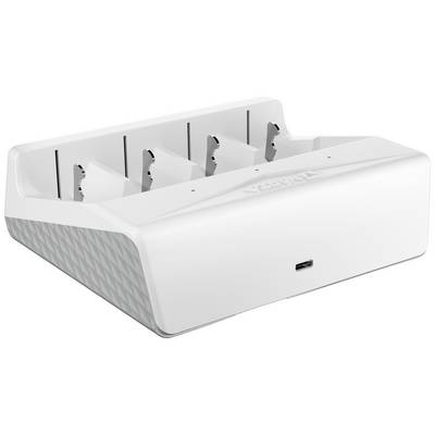 Ein weißes Ladegerät mit mehreren Schlitzen zum gleichzeitigen Aufladen von vier Geräten. Auf der Vorderseite befindet sich ein USB-Anschluss.