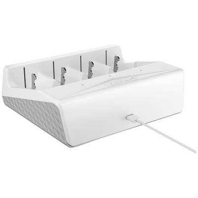 Ein weißes Ladegerät mit vier Steckplätzen und einem angeschlossenen Kabel, geeignet für elektronische Geräte.