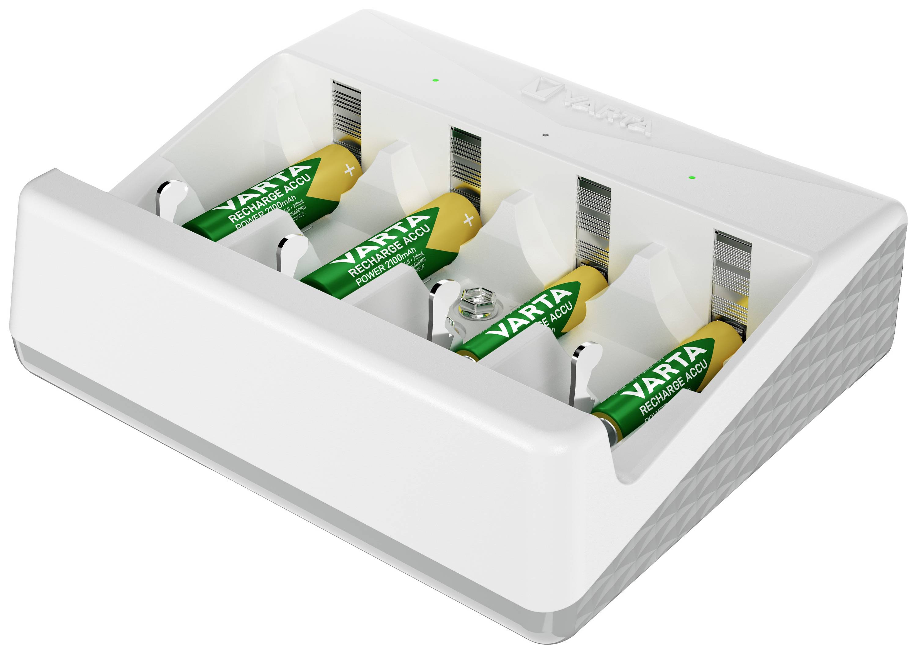 Ein weißes Batterieladegerät mit vier grünen VARTA AA-Akkus, die parallel geladen werden.