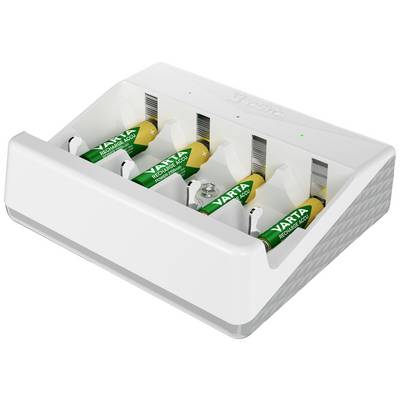 Ein weißes Batterieladegerät mit vier grünen VARTA AA-Akkus, die parallel geladen werden.
