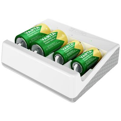Ladegerät mit vier grünen, aufladbaren Varta-Batterien. Batterien sind in zwei Reihen eingelegt. Ladezustand nicht angezeigt.