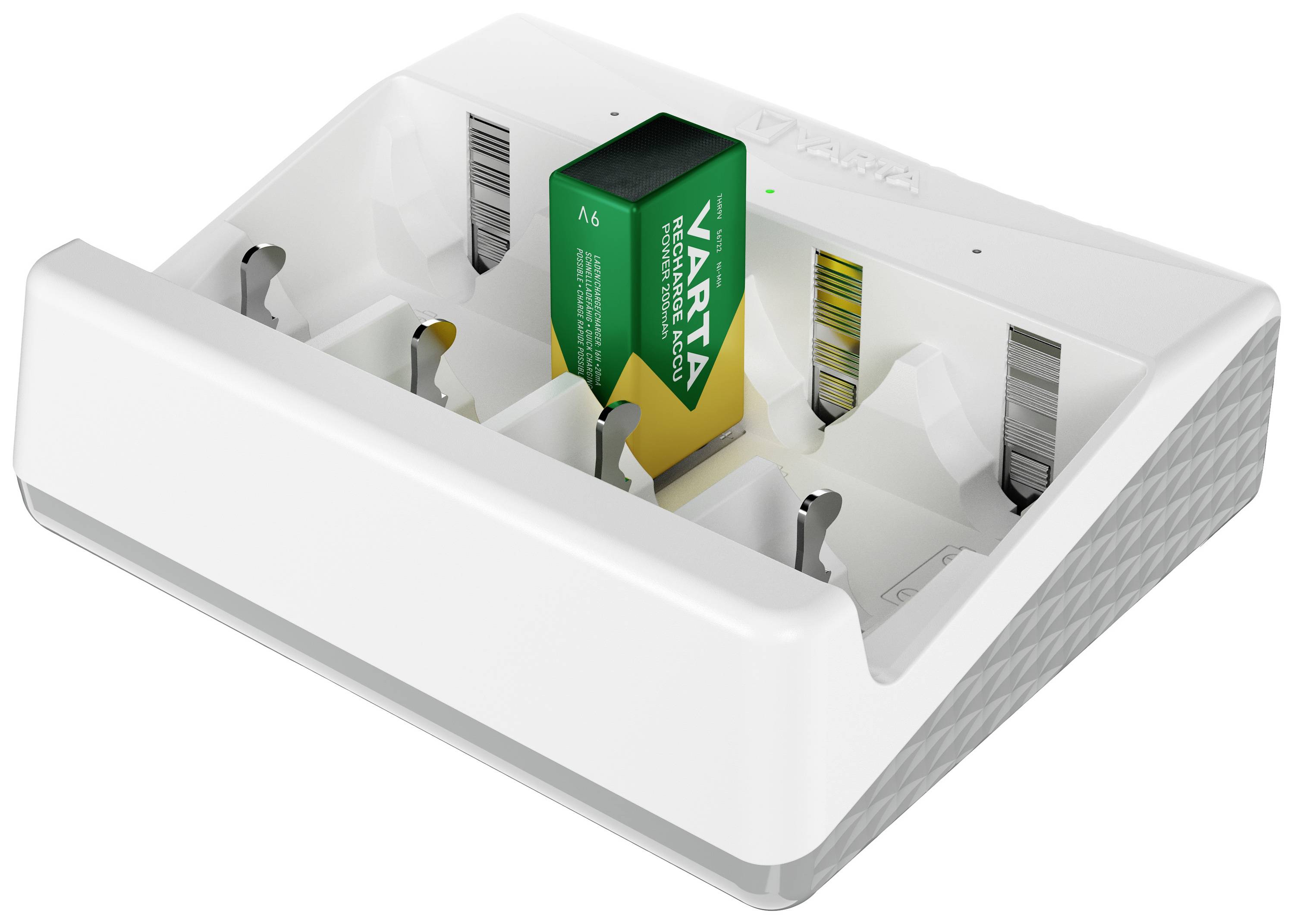 Ein weißes Batterieladegerät mit einem übergroßen, grün-gelben VARTA-Batterieabbild in einem Ladefach.