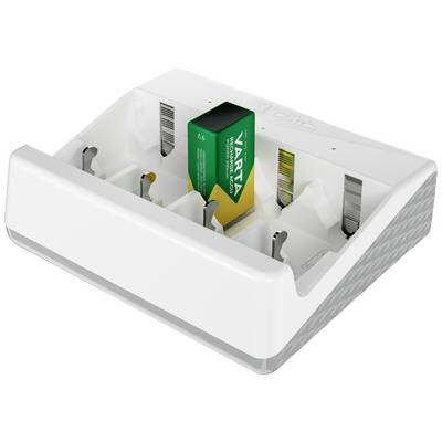 Ein weißes Batterieladegerät mit einem übergroßen, grün-gelben VARTA-Batterieabbild in einem Ladefach.