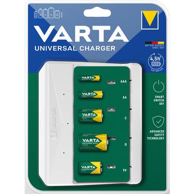 Ein Varta Universal-Ladegerät mit vier Akkus in den Größen AA, C, D und 9V. Verpackung betont 'Smart Switch Off' und 'Advanced Safety Technology'.