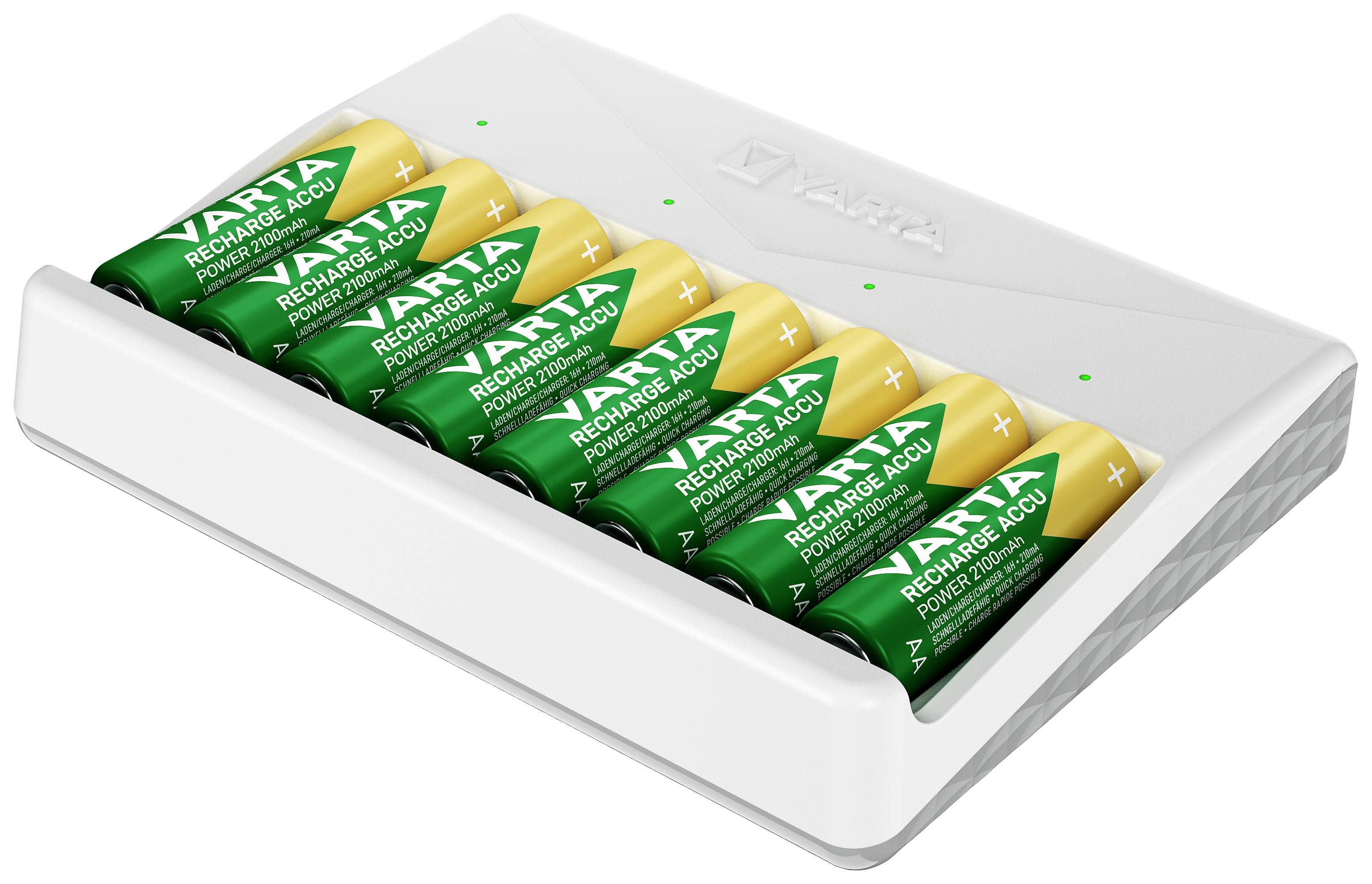 Ein weißes Ladegerät mit acht wiederaufladbaren AA-Batterien. Die Batterien sind grün und gelb und zeigen die Marke 'Varta'.