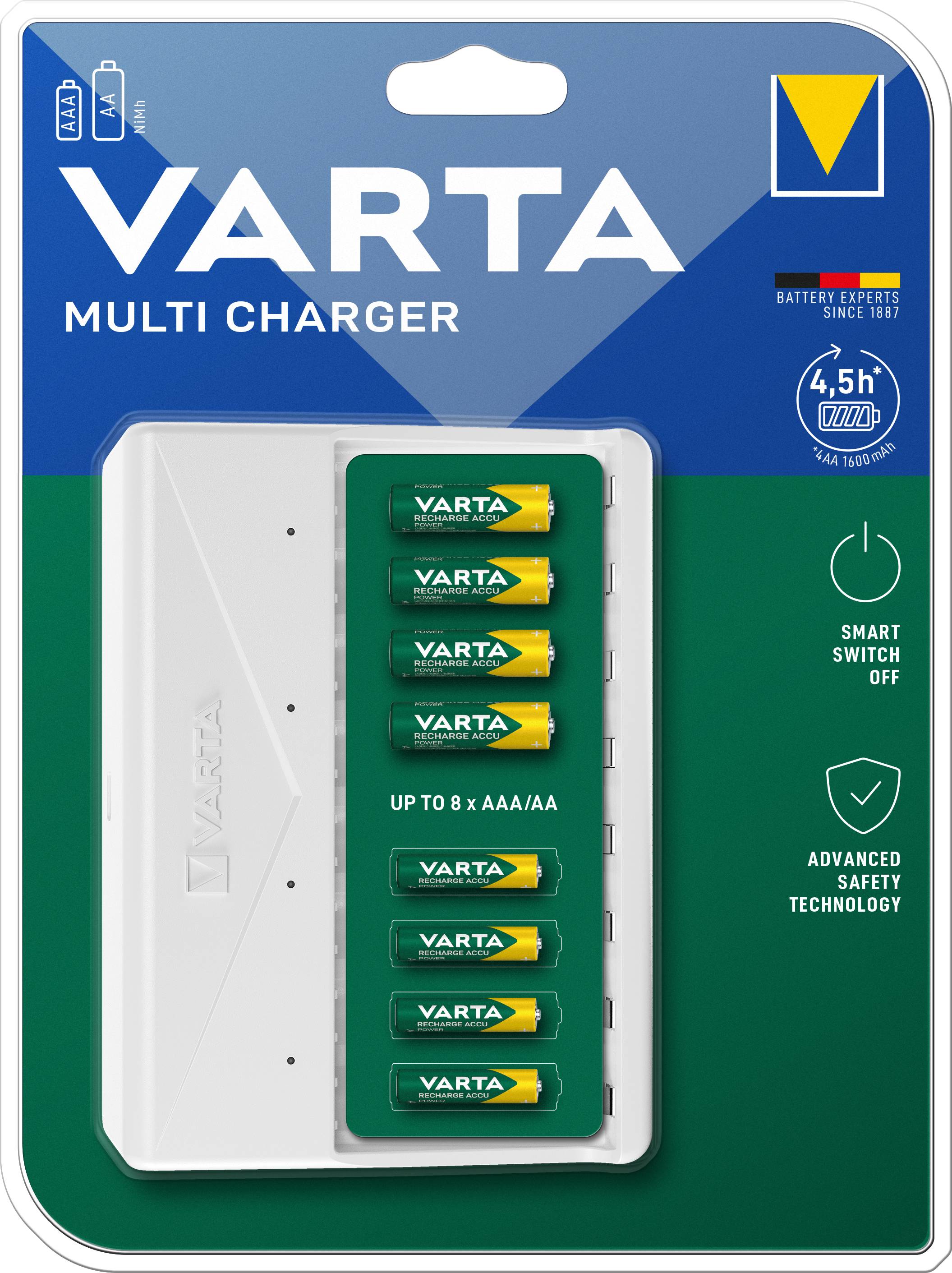 Eine Verpackung mit einem Varta Multi Charger, kompatibel mit AA- und AAA-Batterien. Enthält acht aufladbare Batterien, betont schnelle Ladezeit.