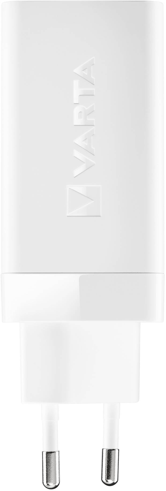 Weißes Ladegerät mit Stecker, vertikal ausgerichtet, mit dem Logo eines Herstellers und Euro-Steckern; hauptsächlich zum Aufladen von Geräten.