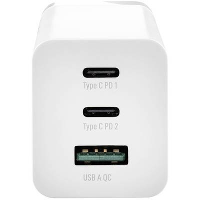Weißes Ladegerät mit zwei USB-C-Anschlüssen, beschriftet als 'Type C PD 1' und 'Type C PD 2', und einem USB-A-Anschluss, beschriftet als 'USB A QC'.