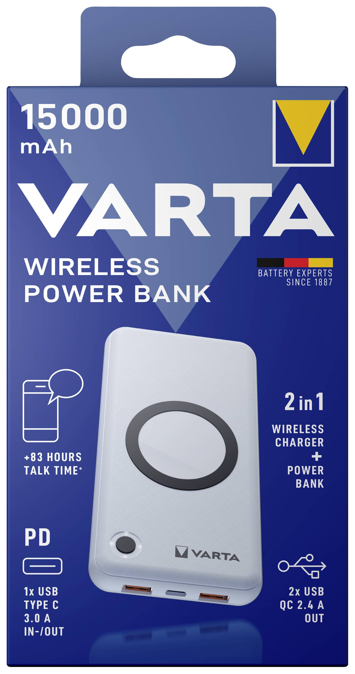 Varta - Induktive Power Bank - 2-in-1 - Li-Pol - 15000 mAh - 55.5 Wh - 20 Watt - 3 A - PD, QC 3.0 - 3 Ausgabeanschlussst-3