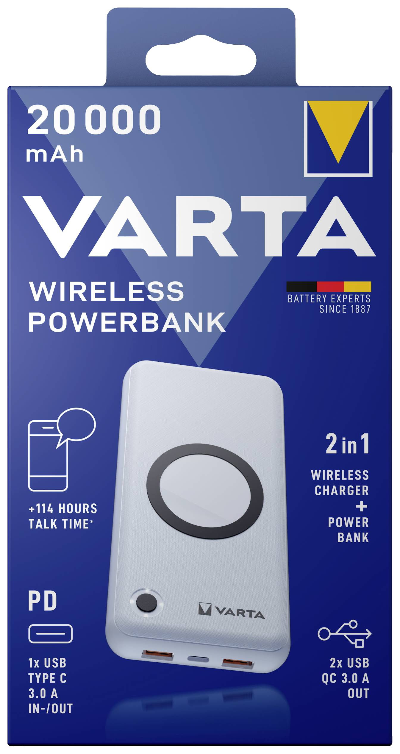 Varta - Induktive Power Bank - 2-in-1 - Li-Pol - 20000 mAh - 74 Wh - 20 Watt - 3 A - PD, QC 3.0 - 3 Ausgabeanschlussstel-3