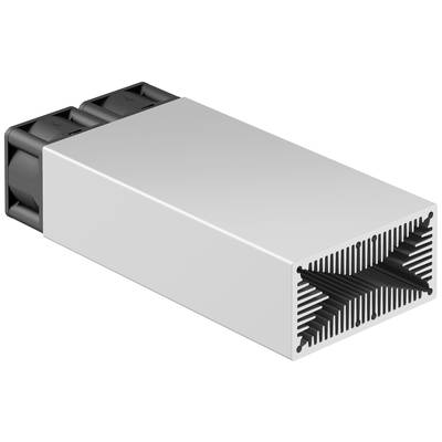 Ein rechteckiges, silbernes Elektronikgerät mit Lüftungsschlitzen und schwarzem Anschluss auf der Rückseite.
