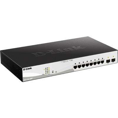 Ein D-Link Ethernet-Switch mit acht Netzwerkanschlüssen und LED-Statusanzeigen. Das Gerät dient der Vernetzung von Computern.