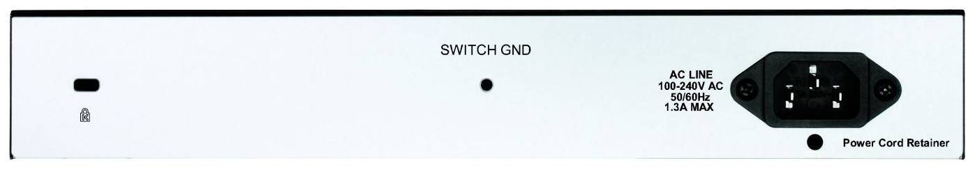 Rückseite eines Elektronikgeräts mit Stromanschluss, Schalter und Beschriftung 'AC Line 100-240V AC 50/60Hz 1.3A MAX'.