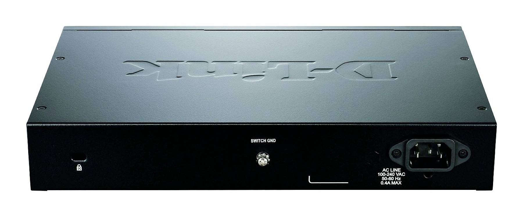 Schwarzer Netzwerk-Switch der Marke D-Link, Rückansicht mit Stromanschluss und Sicherheitsschloss.