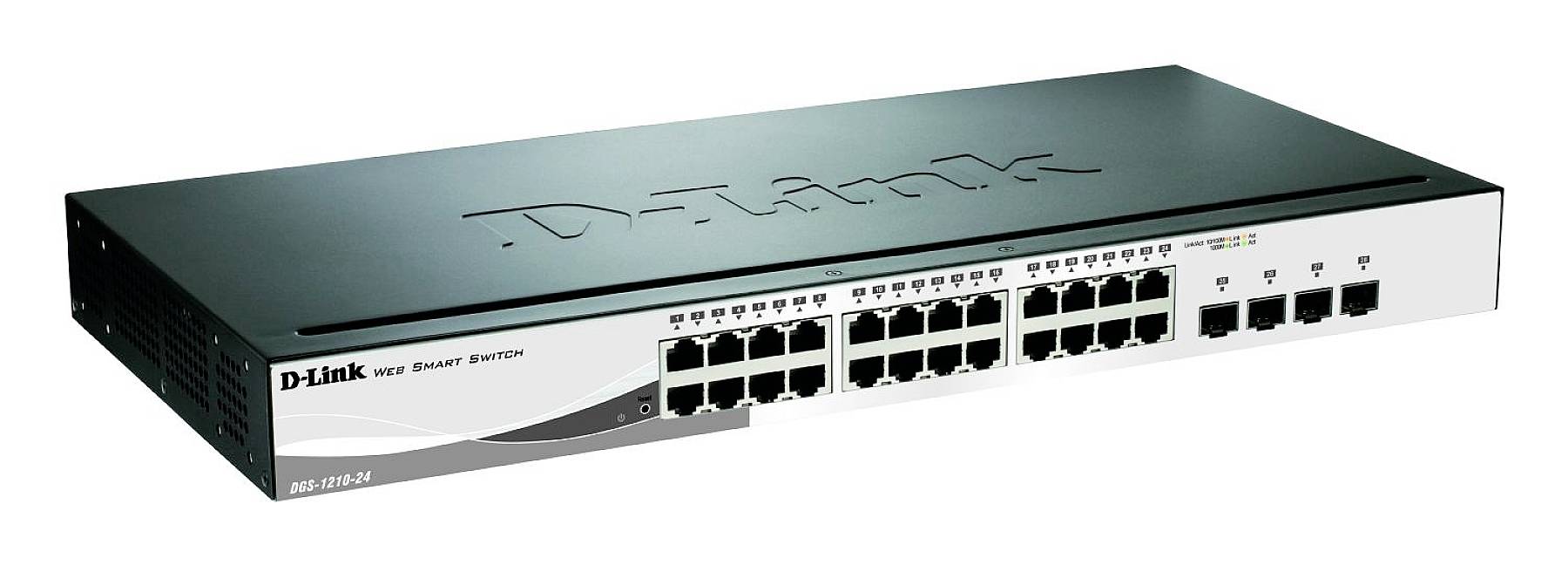 Ein D-Link 48-Port-Gigabit-Switch, Modell DGS-1210-52, dient zur Vernetzung mehrerer Geräte in einem Netzwerk.
