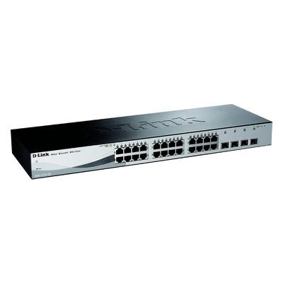 Ein schwarzer Netzwerk-Switch mit der Aufschrift 'D-Link' auf der Vorderseite, ausgestattet mit mehreren Ethernet-Ports für die Datenverteilung.