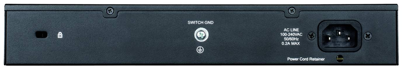 Rückseite eines elektronischen Geräts mit einem Stromanschluss, Ein-/Ausschalter und Schrauben zur Befestigung, geeignet für 100-240V.