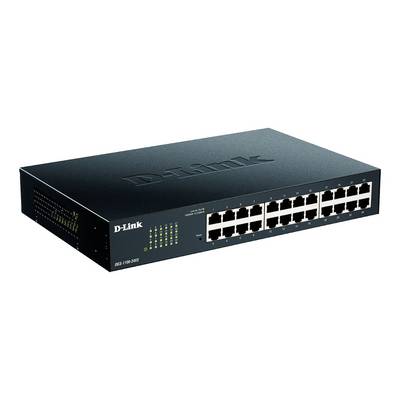 Ein schwarzer Netzwerk-Switch mit 24 Ethernet-Ports und grünen LED-Anzeigen, Marke D-Link.