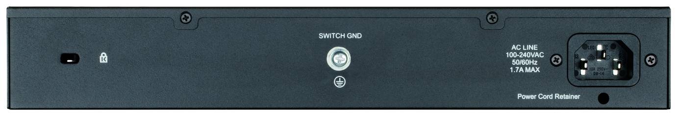 Rückansicht eines elektrischen Geräts mit Netzanschluss und Schalter. Beschriftungen für Spannung: 'AC LINE 100-240VAC 50/60Hz 1,7A MAX'.