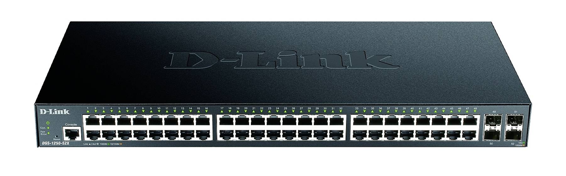 Ein 48-Port-Ethernet-Switch der Marke 'D-Link'. Er verfügt über zwei zusätzliche SFP-Ports und wird für Netzwerkkonnektivität verwendet.