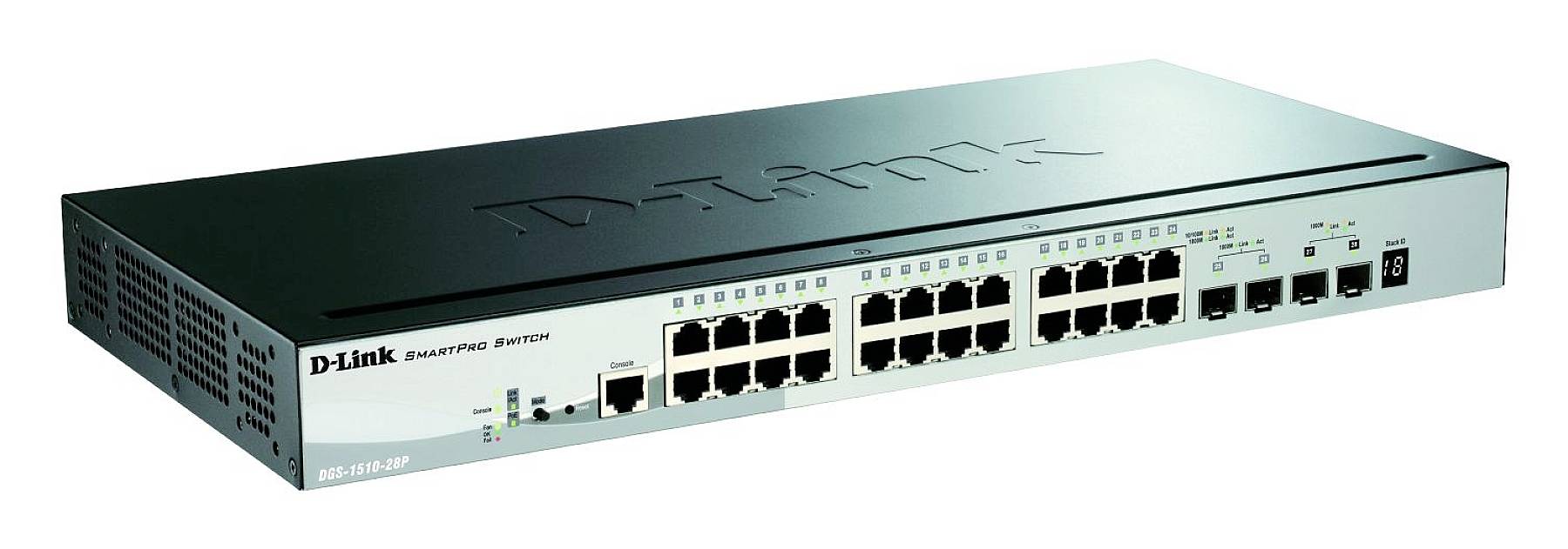 'Ein D-Link Switch mit 24 Ethernet-Ports und mehreren Statusleuchten auf der Vorderseite.'
