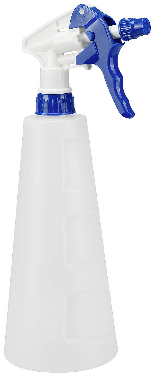 Eine weiße Sprühflasche mit blauem Auslöser und Düse, geeignet zum Versprühen von Flüssigkeiten, steht aufrecht vor einem neutralen Hintergrund.