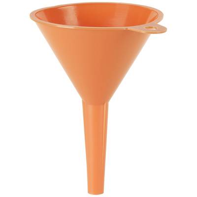 Ein orangefarbener Trichter aus Kunststoff, geeignet zum Umfüllen von Flüssigkeiten oder feinen Pulvern.