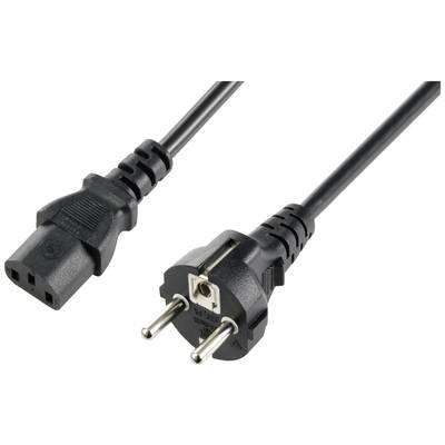 Abbildung eines schwarzen Netzkabels mit Eurostecker und IEC-Anschluss, verwendet zur Stromversorgung von elektronischen Geräten.
