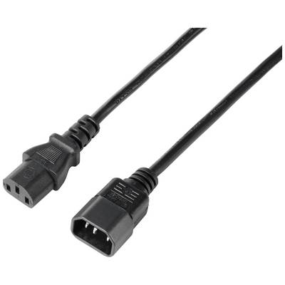 Ein Netzwerkkabel mit einem weiblichen IEC-C13-Stecker auf der linken Seite und einem männlichen IEC-C14-Stecker auf der rechten Seite.