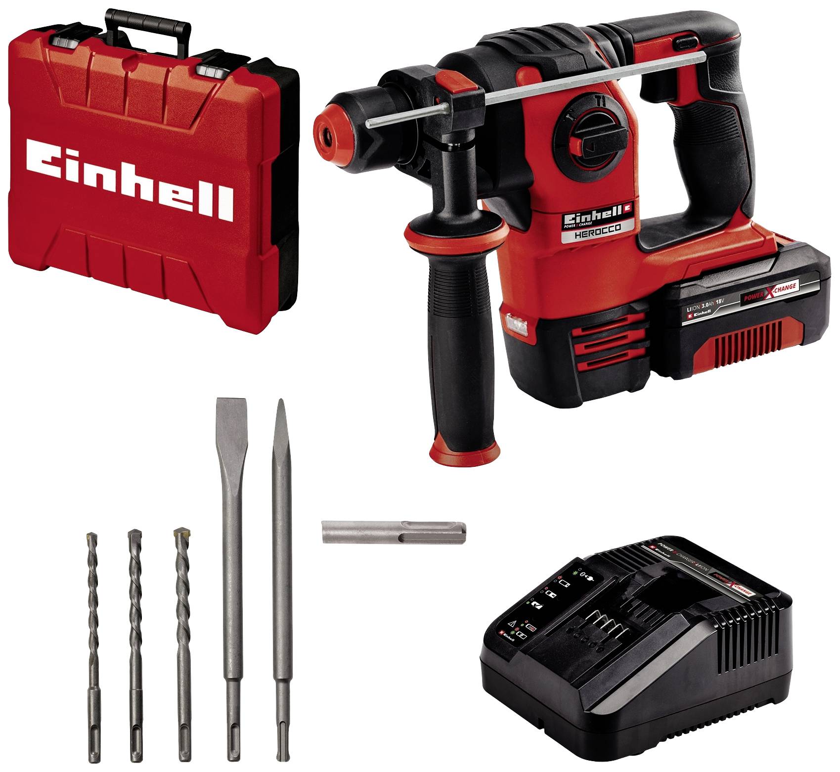 Einhell Power X-Change HEROCCO Kit +5 (1x3,0Ah) SDS-Plus-Borrhammare batteri 18 V 3.0 Ah Li-Ion inkl. 1x batteri, inkl. väska, inkl. Tillbehör