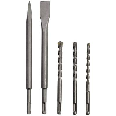 Fünf SDS-Bohrer und Meißel in verschiedenen Größen. Links ein Flachmeißel und ein Spitzmeißel, rechts drei Spiralbohrer.