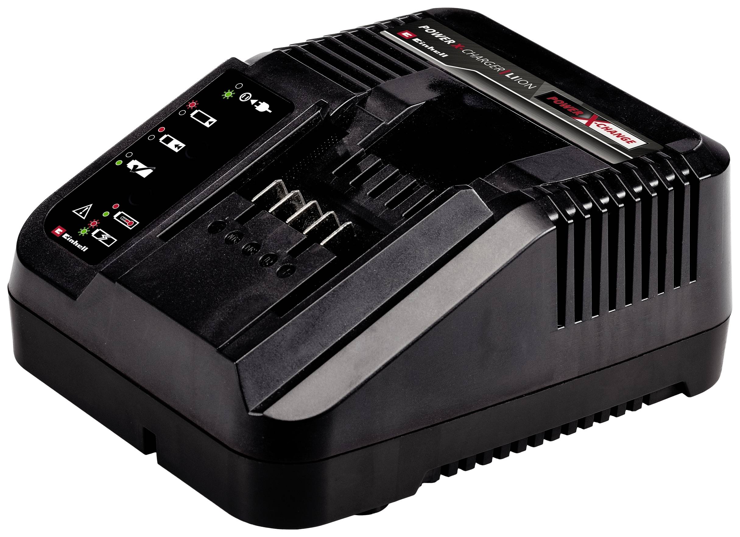 Schwarzes Ladegerät mit Beschriftungen und LEDs zur Anzeige des Ladezustands. Geeignet für Akkutypen, Anschluss für Stromkabel.
