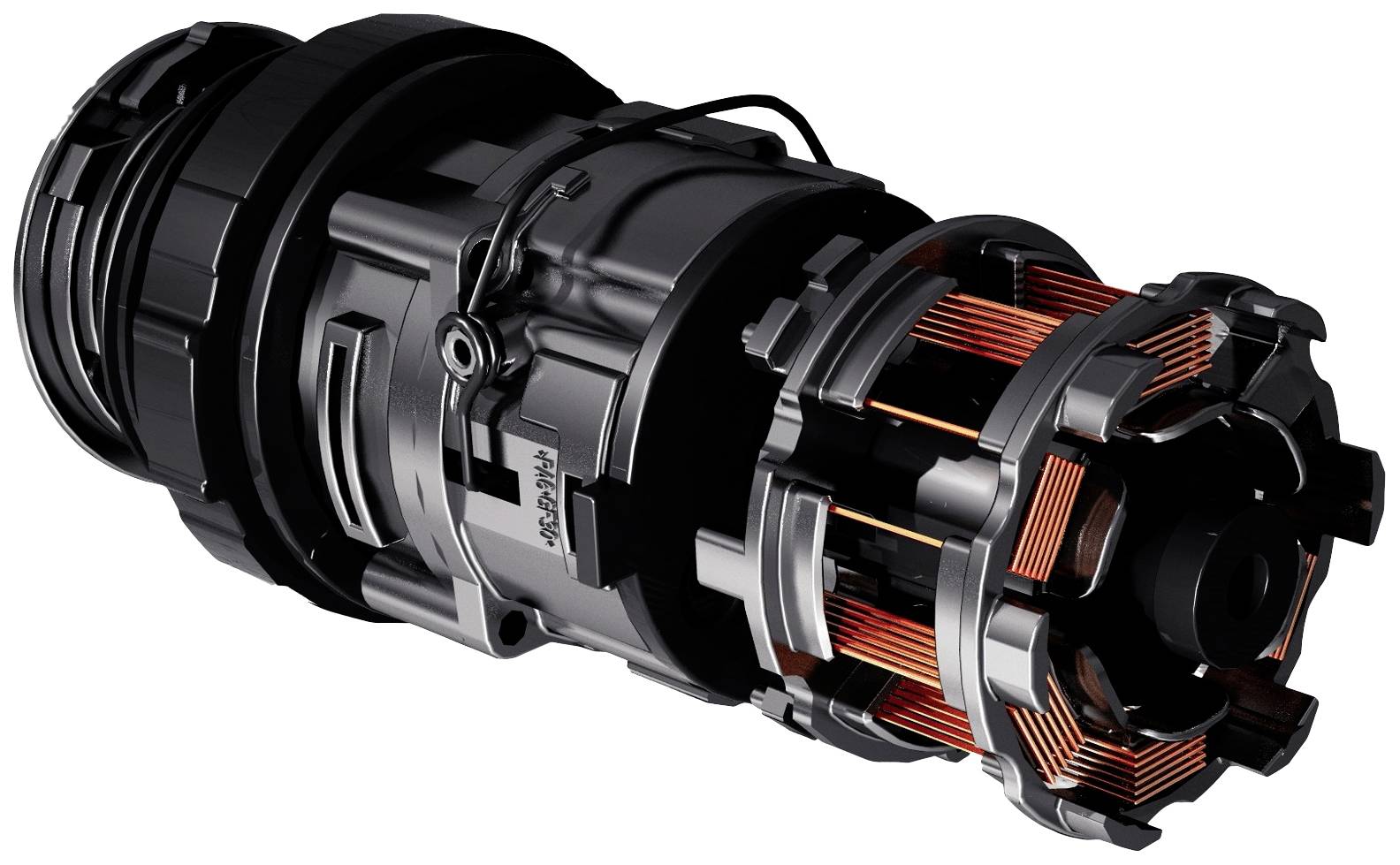 Schwarzes zylindrisches Gerät mit orangefarbener Spule und Metallstruktur. Könnte ein technisches Bauteil oder Motor sein.