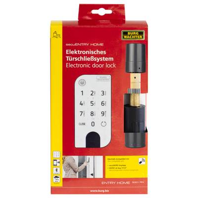 Elektronisches Türschließsystem von Burg-Wächter. Zeigt Verpackung mit Abbildung des Produkts und englisch-deutschem Text.