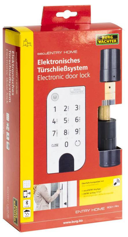 Elektronisches Türschließsystem von Burg-Wächter. Verpackung zeigt ein digitales Zahlenschloss und einen Zylinder.